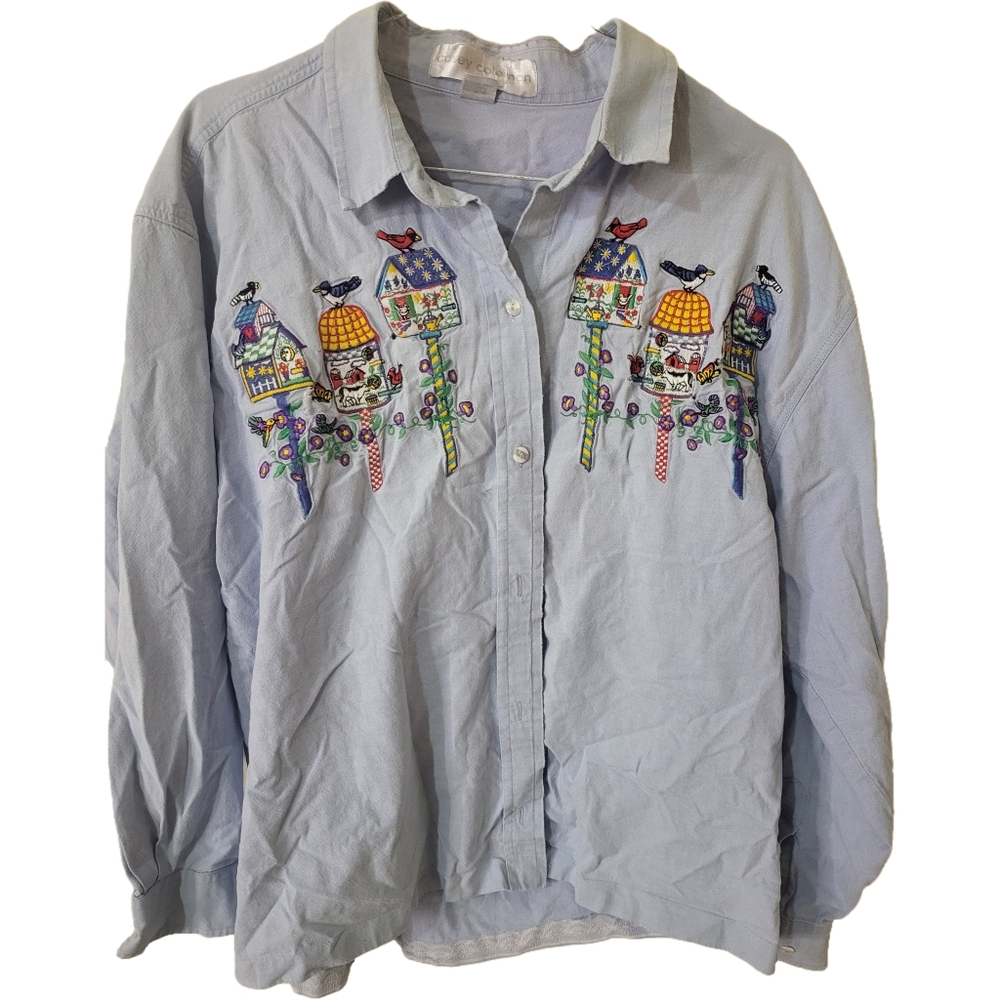 Vintage 1991 Embroidered Bird House Button Up